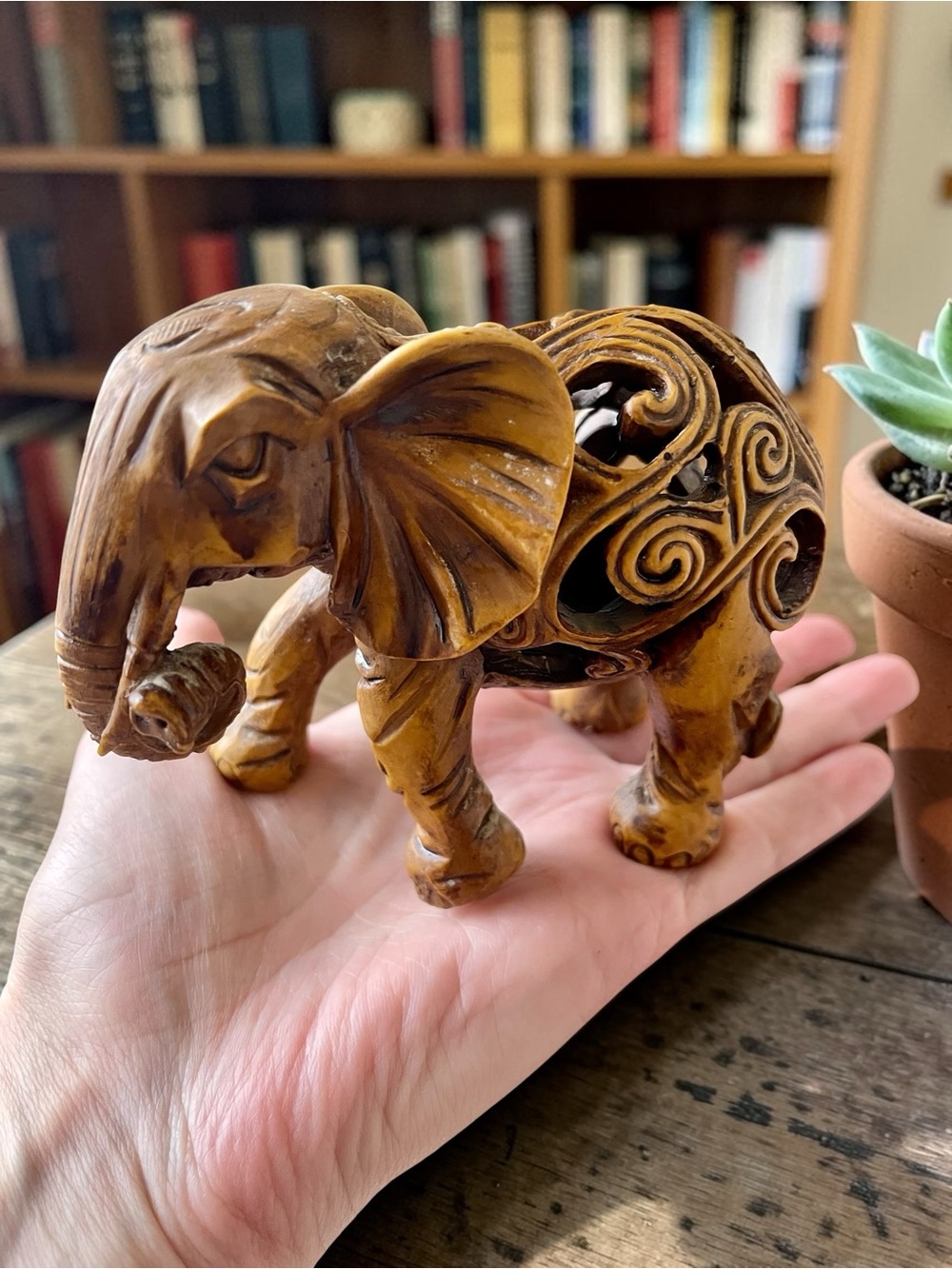 Carved Wooden Elephant Figurine in Warm Honey Brown